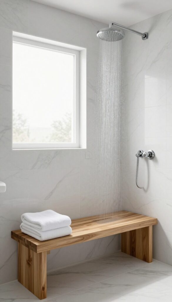 A luxurious master bathroom shower with a built-in teak bench, natural lighting, and spa-like details including marble tiles and a folded towel.