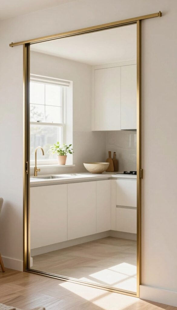 A sliding door with a large mirror reflecting light in a small kitchen, creating depth and openness.