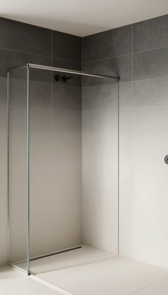 A shower with gradient color tiles transitioning from dark to light, creating a serene and visually cohesive bathroom space.