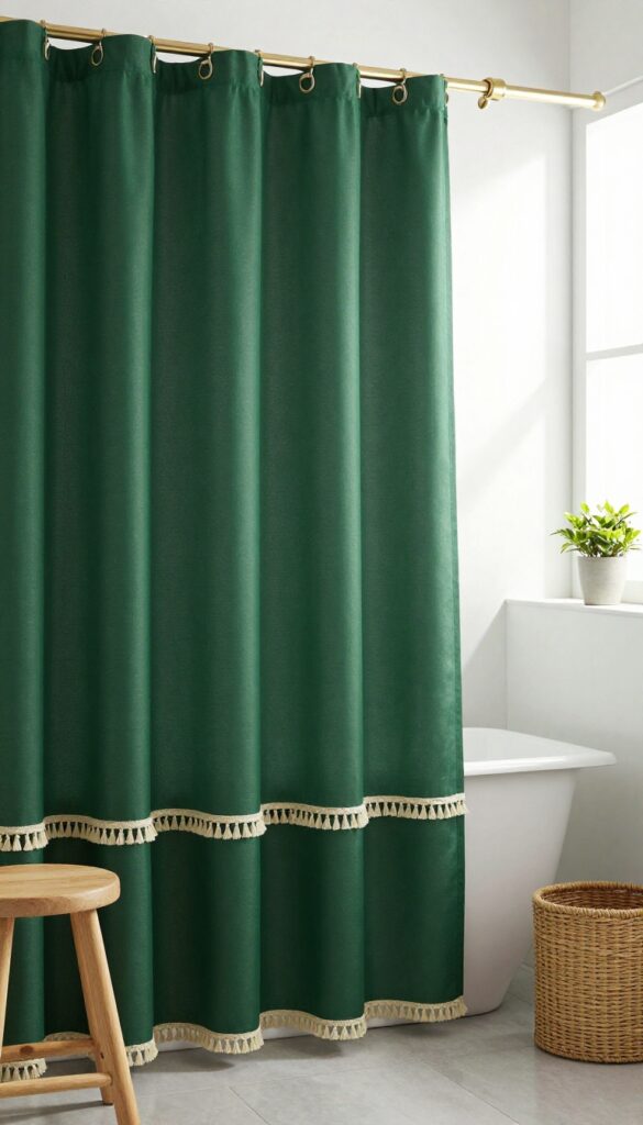 Dark green shower curtain with cream tassel trim in a bright bathroom with wooden accessories and plant.