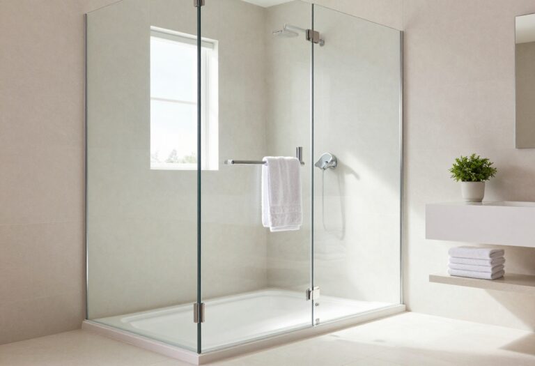 Modern small bathroom with a tub and shower combo, light tiles, frameless glass, and natural decor elements.