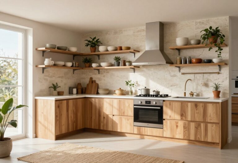 Cozy kitchen extension with open shelving, plants, and warm wood accents