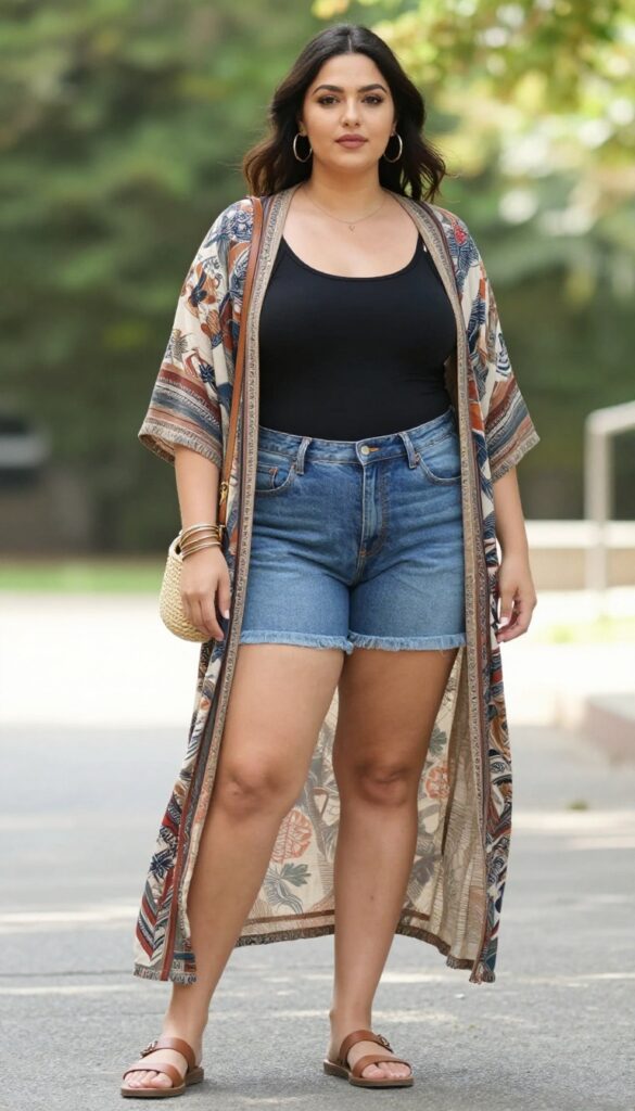A curvy woman in a casual boho outfit featuring a printed kimono layered over a basic tank top and shorts, styled with flat sandals and accessories in a natural outdoor setting.