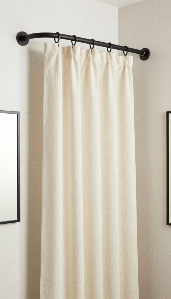 A modern bathroom with a matte black curved shower curtain rod creating bold contrast against light tiles and neutral walls.