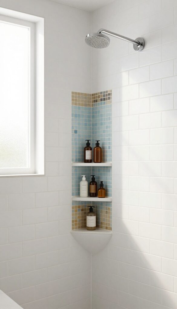 Walk-in shower with white subway tiles and a recessed niche featuring a mosaic backsplash in soft blue and earthy tones, holding toiletries.