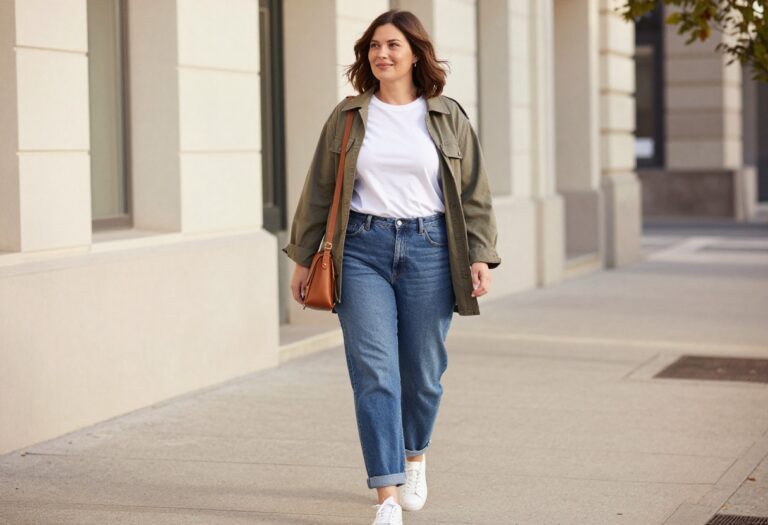 A mom in relaxed denim jeans and a white tee, with an olive jacket draped over one shoulder, walking on a sunlit sidewalk in a casual urban setting.