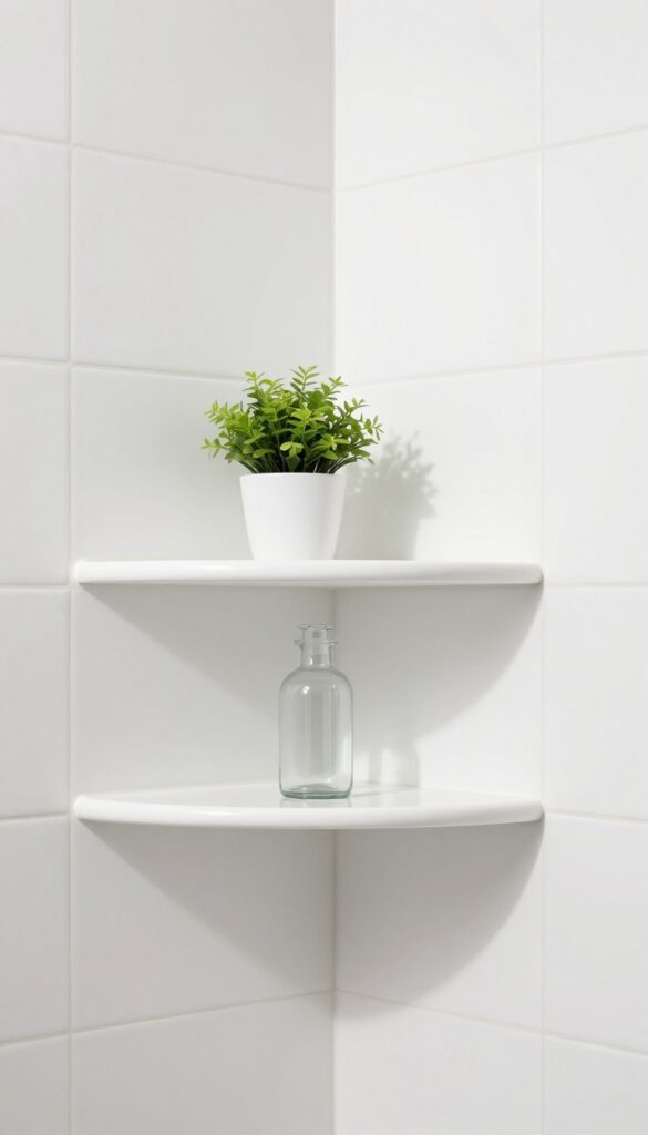Small shower with corner built-in shelves blending into white tile walls, holding clear bottles and a plant