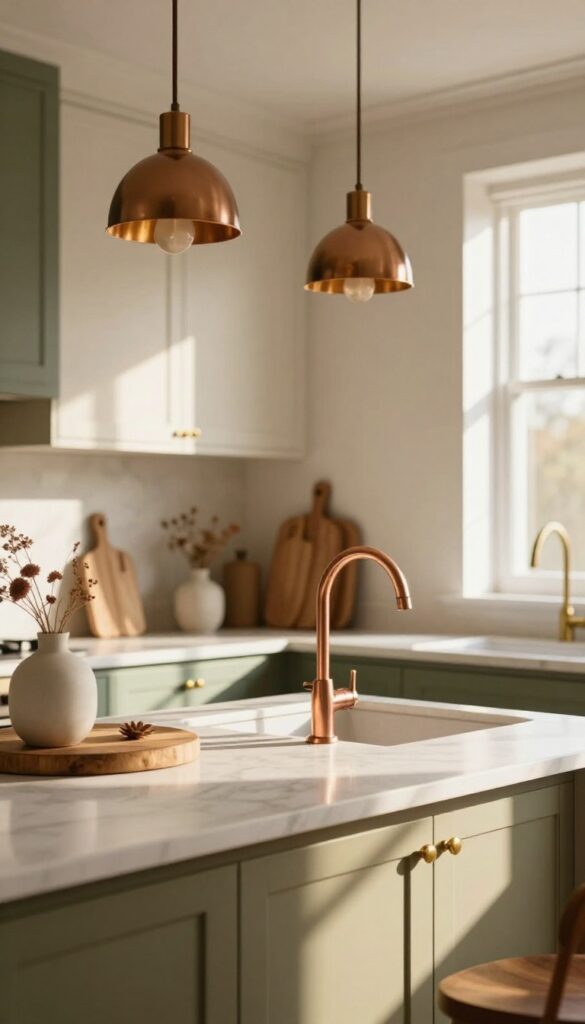 A bright kitchen with warm brass, copper, and bronze finishes on hardware and fixtures, creating a cozy and inviting atmosphere.
