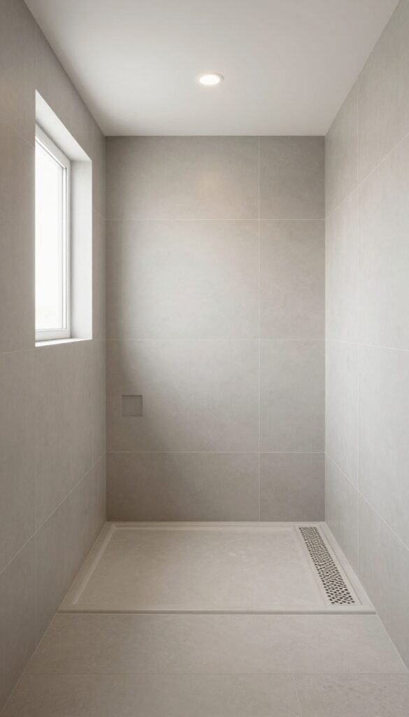 A photorealistic image of a walk-in shower in a basement, showcasing large gray tiles, built-in storage niches, and natural lighting to create an open, modern space without doors or barriers.