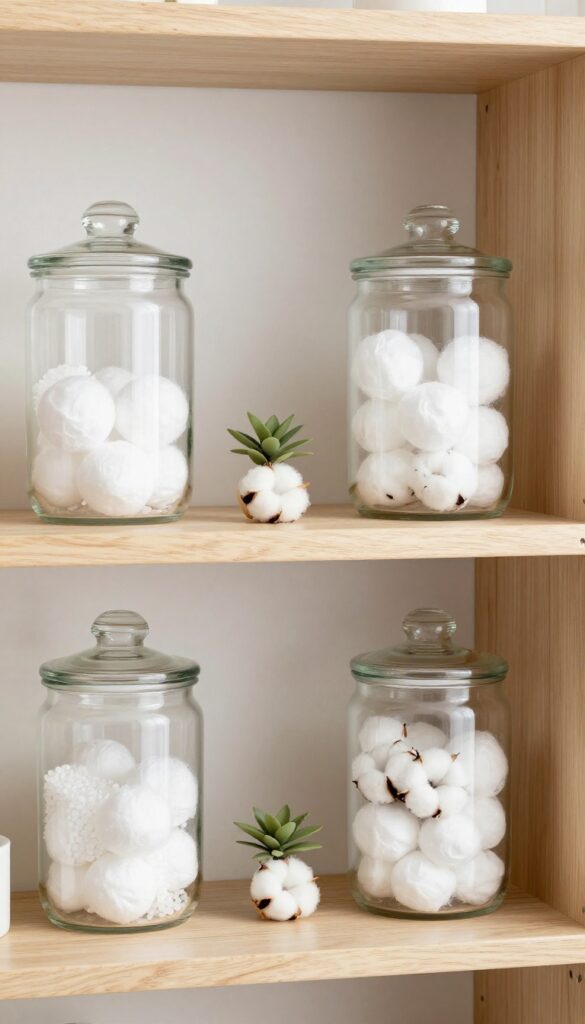 A styled bathroom shelf featuring three clear glass jars grouped together with cotton balls, bath salts, and swabs, placed beside a decorative item in bright natural light.
