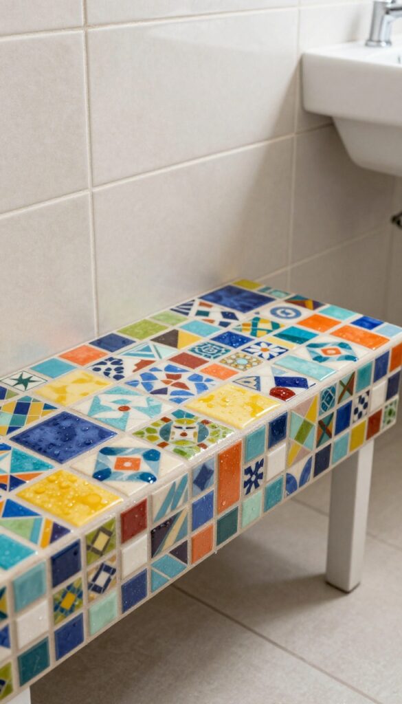 A tiled mosaic bench in a shower with colorful tiles, adding personality and visual interest to the bathroom decor.