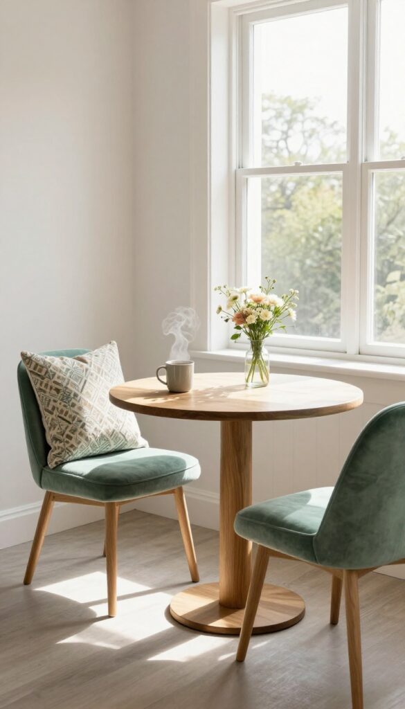 Cozy breakfast nook in a kitchen with cushioned chairs and a small table by a window