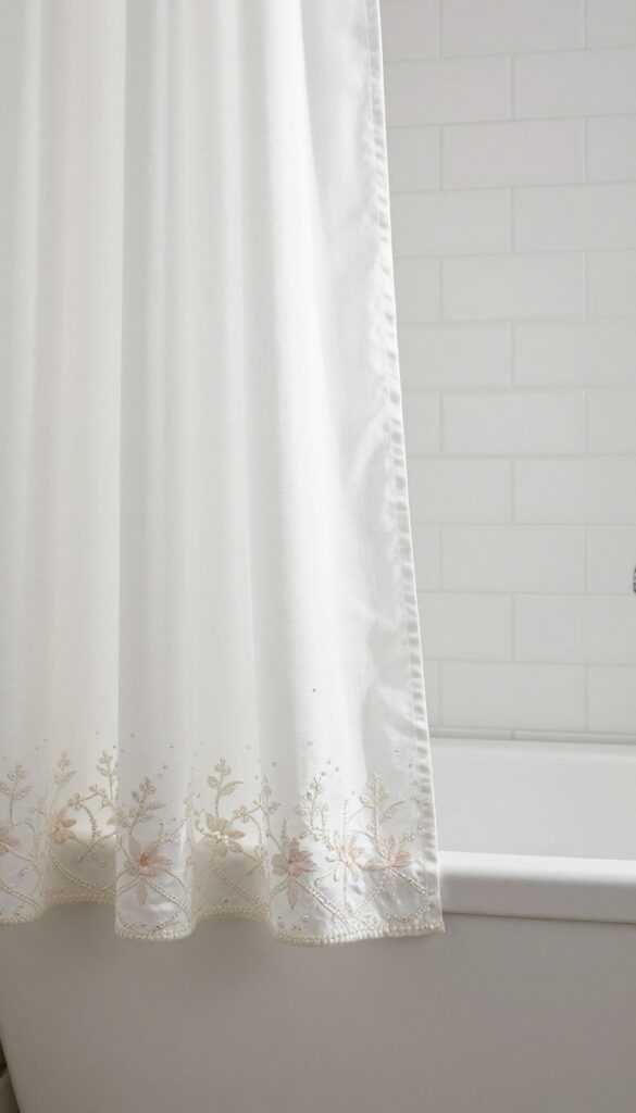 A white embroidered shower curtain with beaded details in a bright minimalist bathroom.