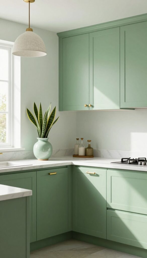 Monochromatic sage green kitchen with layered shades of green, natural materials, and subtle texture.