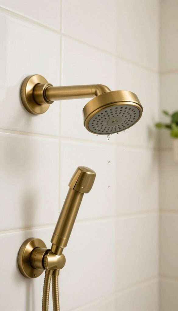 Brushed brass hand shower on white tile with soft natural light