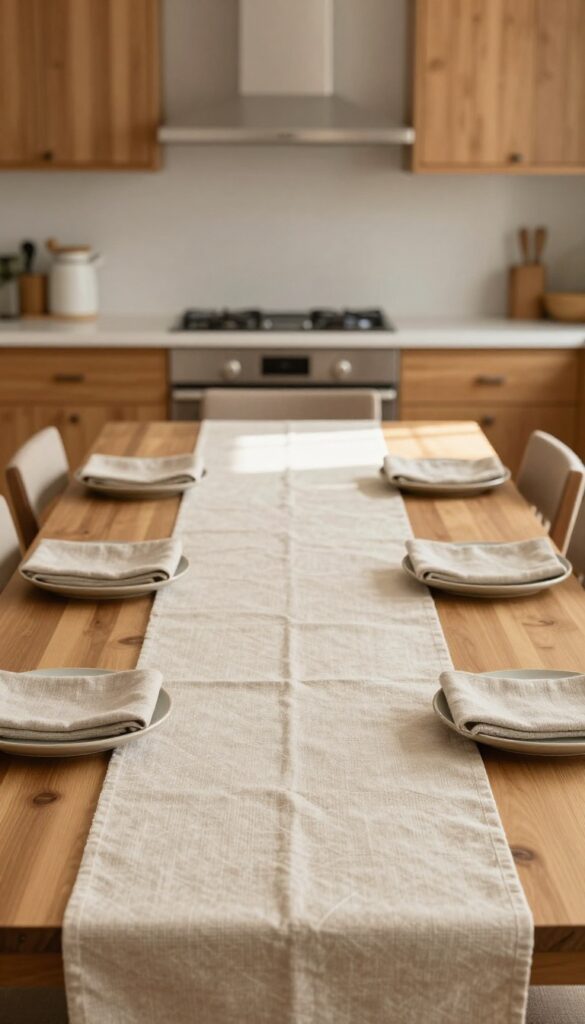 A dining table with a washable beige runner, ceramic dishes, and linen napkins in a bright kitchen with natural light