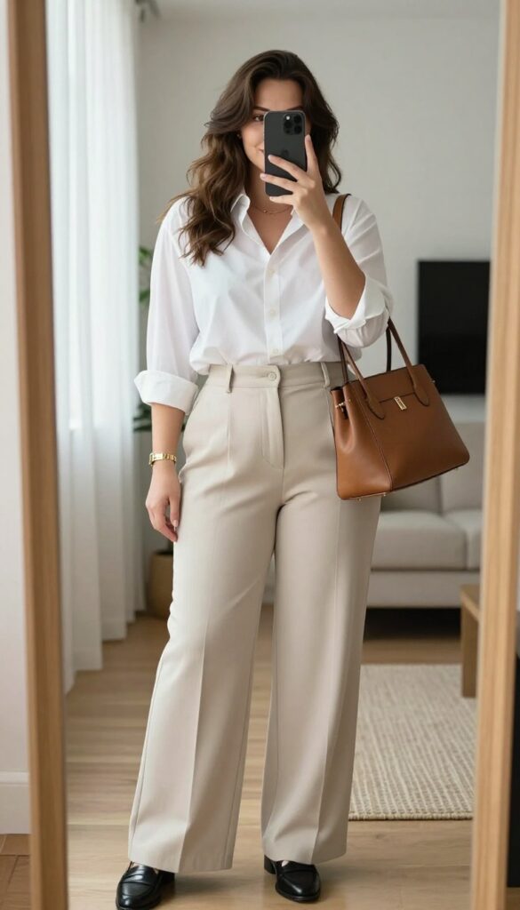 Plus-size woman in high-waisted wide-leg trousers and a tucked-in white button-up shirt, taking a mirror selfie with a phone. She wears loafers, a structured handbag, and minimal jewelry in a bright, modern room.