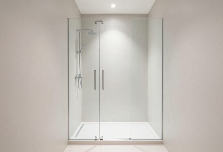 Modern bathroom with glass shower threshold and stone tiles, highlighting clean lines and defined spaces.