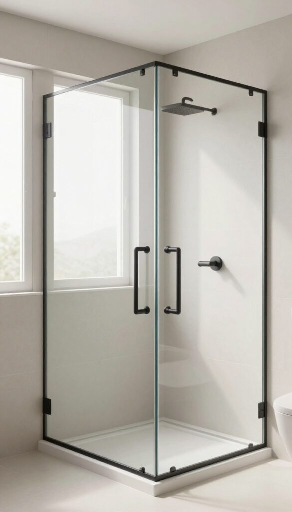 A minimalist shower enclosure with slim matte black hardware in a small bathroom, highlighting clean lines and an uncluttered design to make the space feel more open.