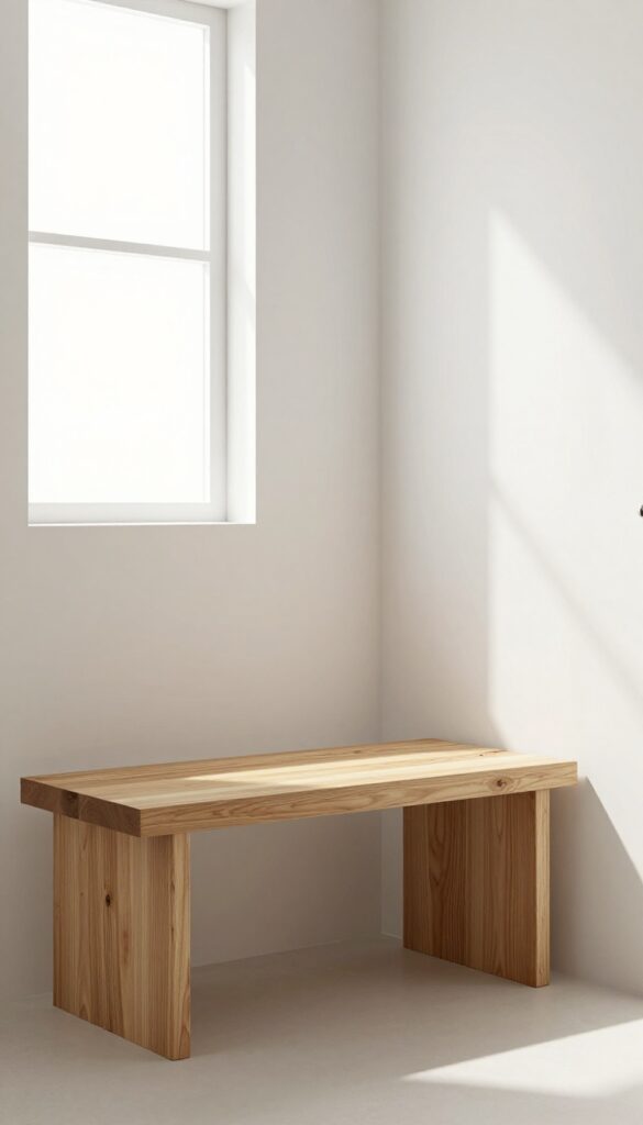 A small walk-in shower featuring a teak bench for seating, with bright natural lighting and a clean, clutter-free design.