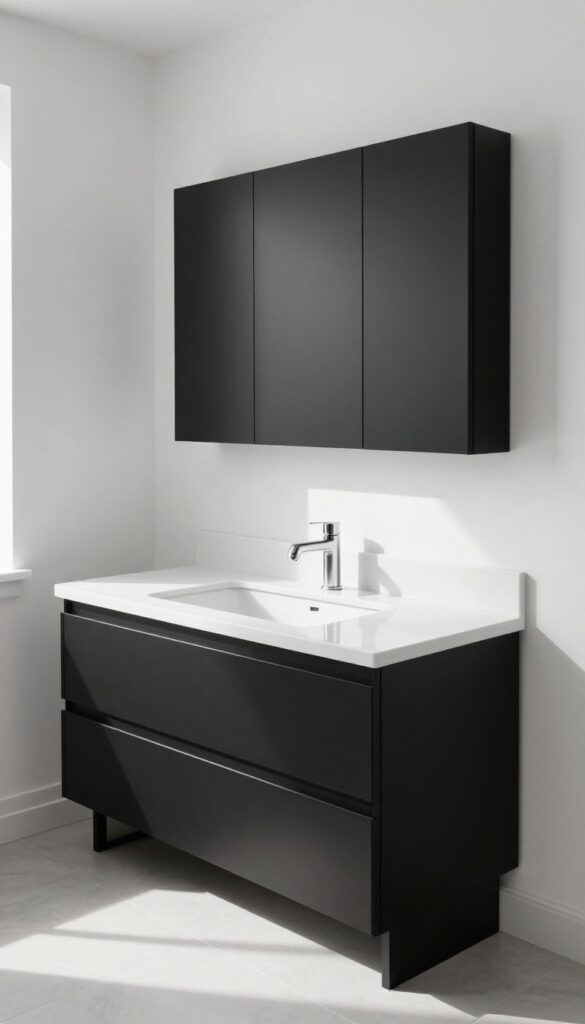 A classic black vanity with a white countertop in a bright, clean bathroom setting, showcasing minimalist design and natural light.