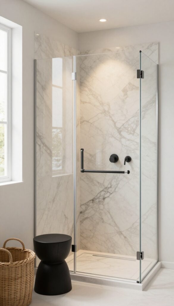 A backlit onyx accent wall in a walk-in shower, glowing with warm light to showcase stone patterns, set in a bright bathroom with matte black fixtures and simple accessories.