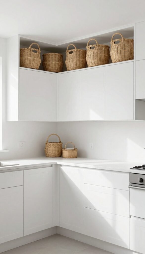 Row of matching woven seagrass baskets on top of white kitchen cabinets for bulk storage