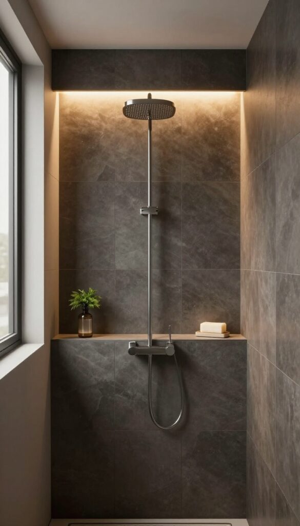 Warm backlit shower niche with minimal bottles and plant on dark matte tile