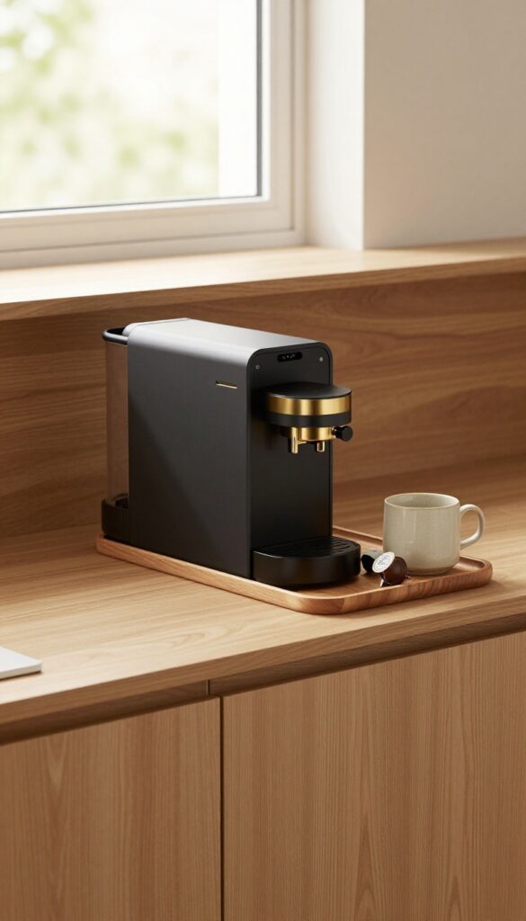 Slim matte black coffee machine on a wooden tray on a clean kitchen counter under cabinets, bright natural light