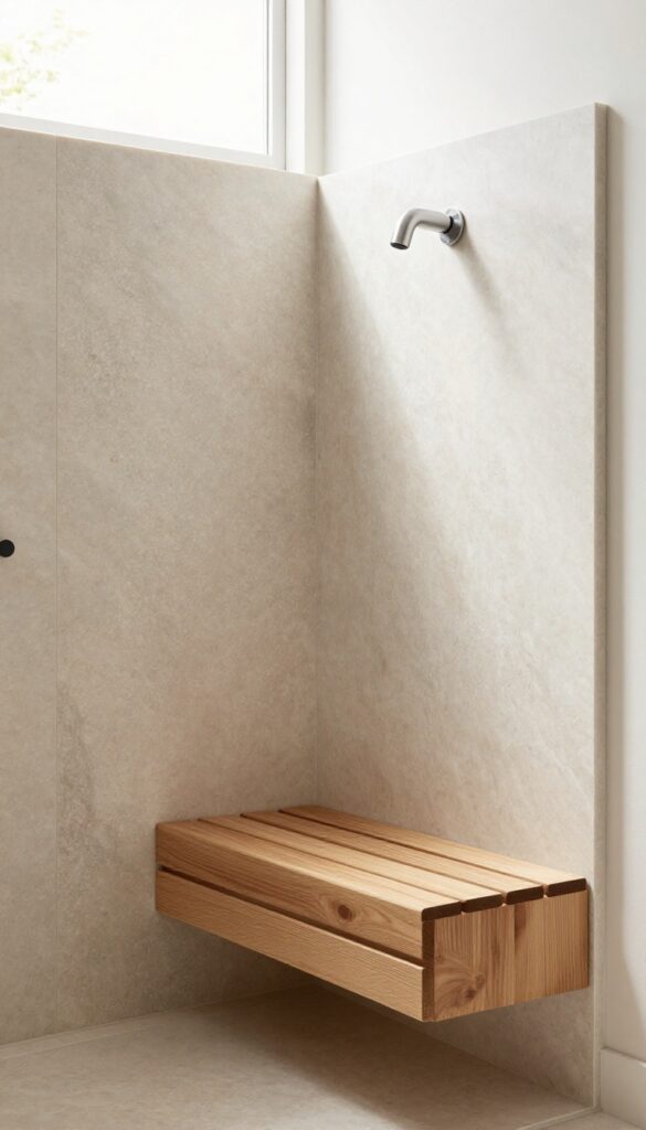 A walk-in onyx shower with an integrated bench and hidden storage, showcasing rich stone textures and natural light in a luxurious bathroom setting.