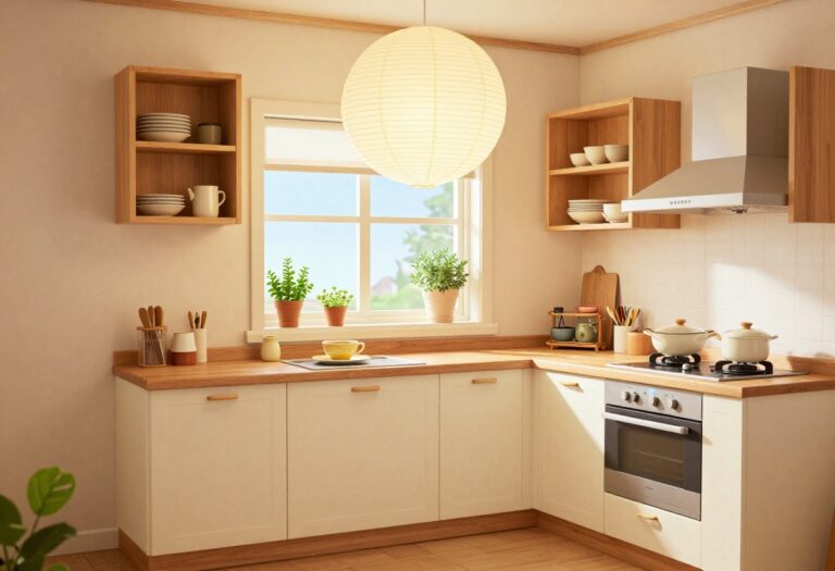 Cozy Animal Crossing kitchen with wooden countertops, open shelving, breakfast nook, and soft lighting
