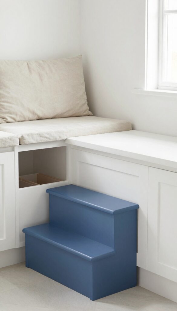 Two-tier kitchen banquette with navy step stool and storage drawer, bright natural light, photorealistic interior design.