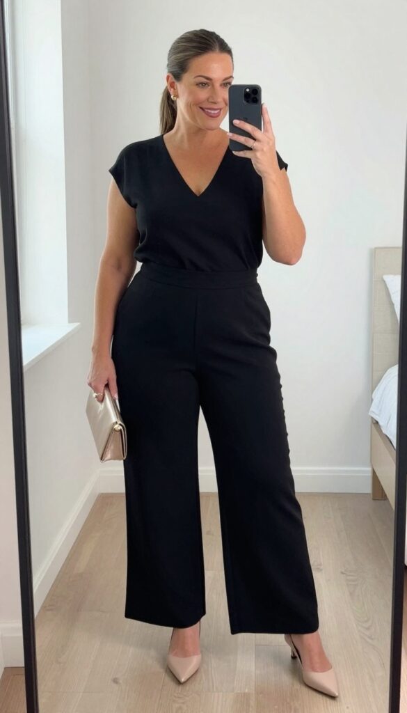 Plus-size woman in a black jumpsuit taking a mirror selfie, wearing nude flats and gold earrings, with a sleek ponytail.