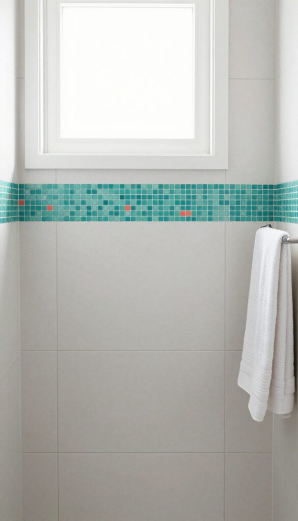 A bright bathroom shower with a colorful mosaic accent strip on the wall for a pop of color in home decor.