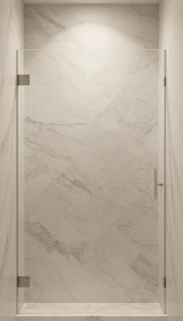 A classic and luxe walk-in shower with mixed marble tiles arranged in a herringbone pattern, highlighting dynamic energy and depth in a bright, clean setting.