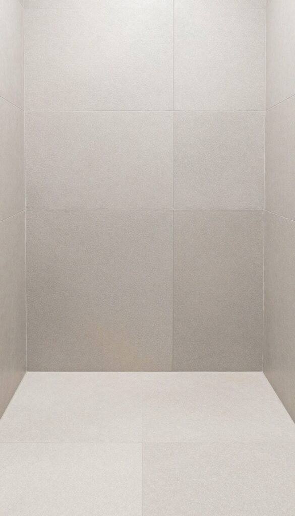 Close-up of slip-resistant ceramic tiles on a walk-in shower floor, showcasing textured surface for safety in neutral gray tones with beige accents, set in a modern bathroom with smooth wall tiles.