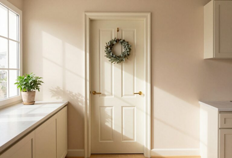 Warm kitchen door with vertical paneling, brass hardware, and a eucalyptus wreath in a bright, cozy kitchen.