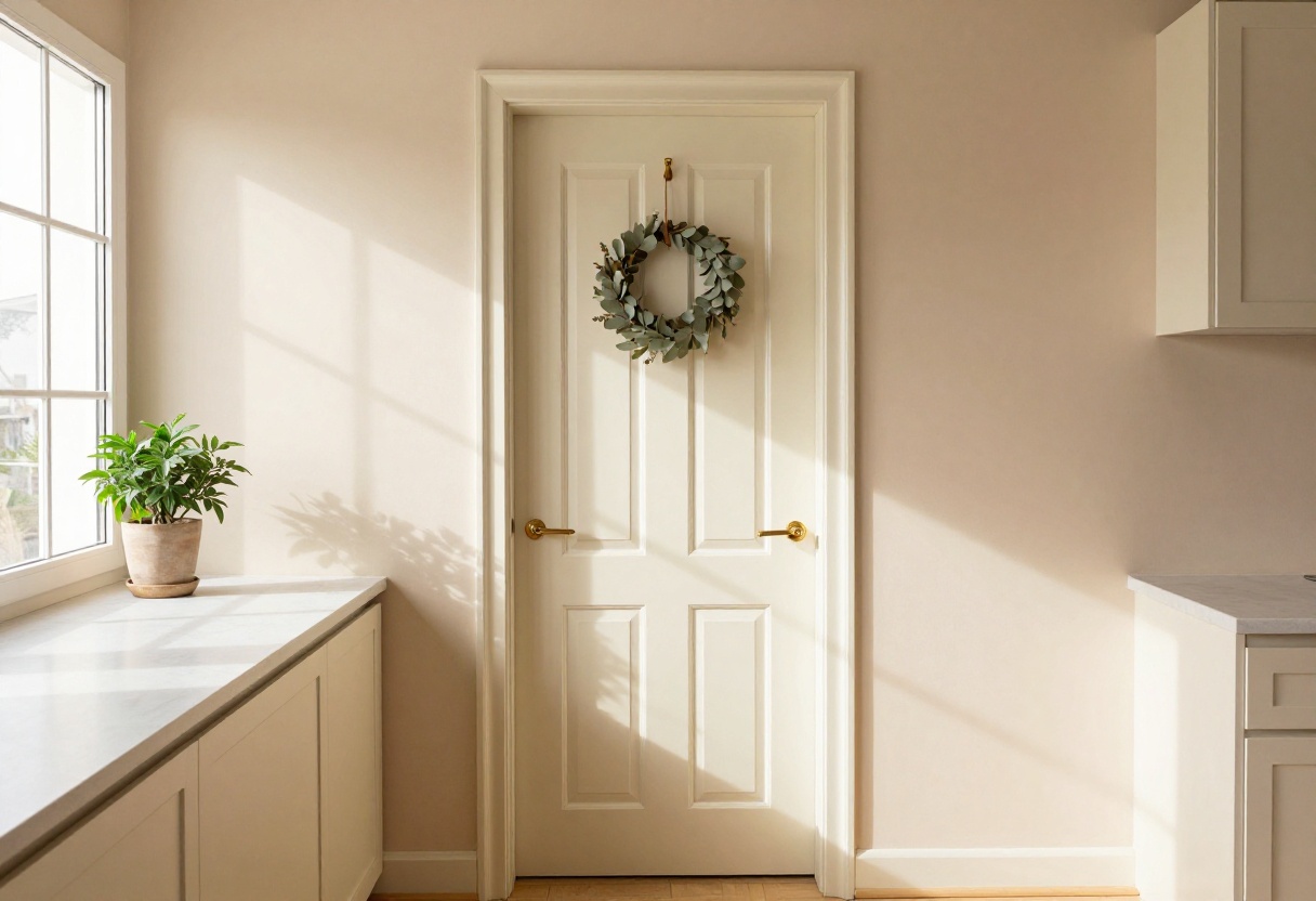 Warm kitchen door with vertical paneling, brass hardware, and a eucalyptus wreath in a bright, cozy kitchen.