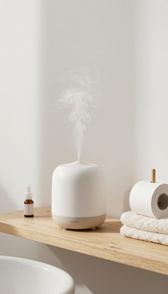 A minimalist Zen spa bathroom with an essential oil diffuser and subtle scent layering for aromatherapy without overpowering scents.