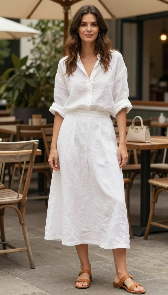 A woman wearing a long white skirt and a linen blouse in a soft color, styled with leather sandals and a structured handbag for a summer brunch outfit, set in a sunny outdoor location.