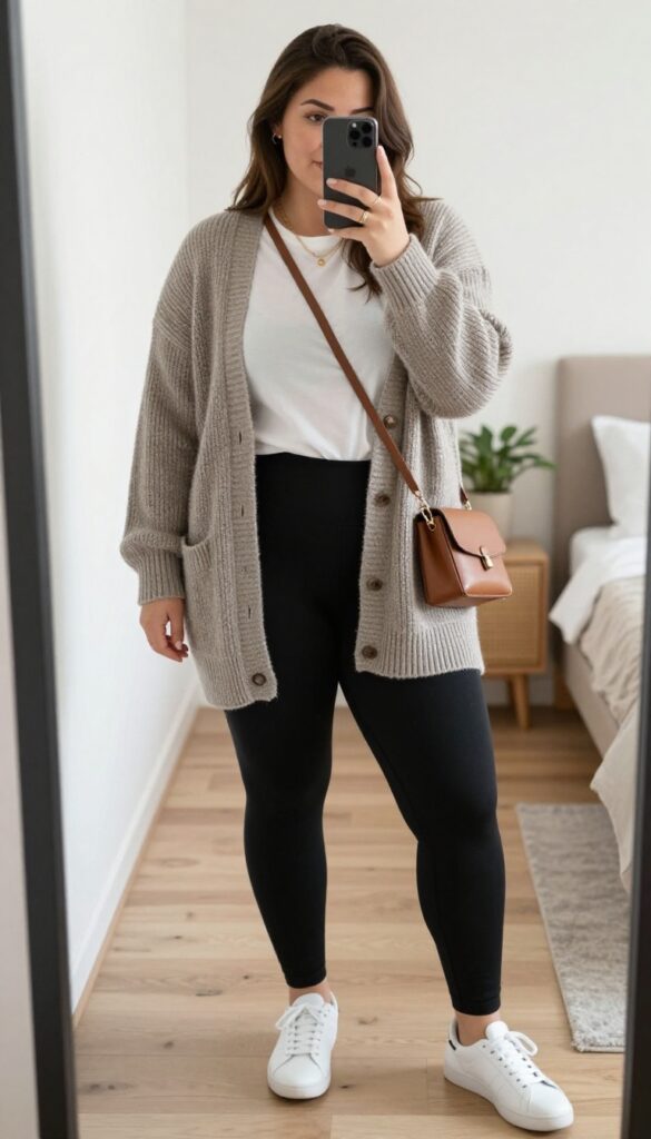 Plus-size woman in black leggings, white tee, and long oatmeal cardigan taking a mirror selfie, wearing white sneakers and a crossbody bag.