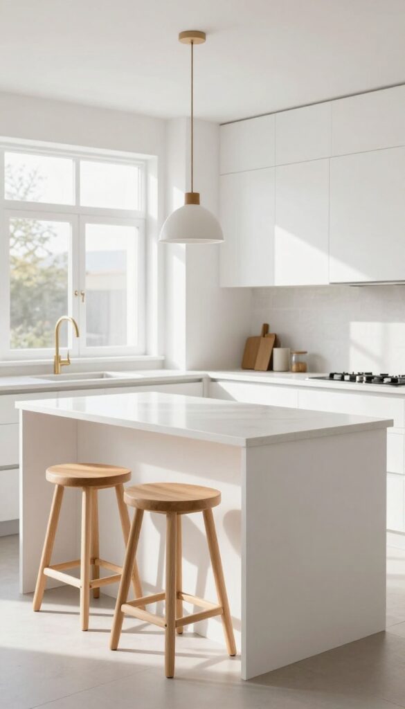 Kitchen island with overhang seating and bar stools