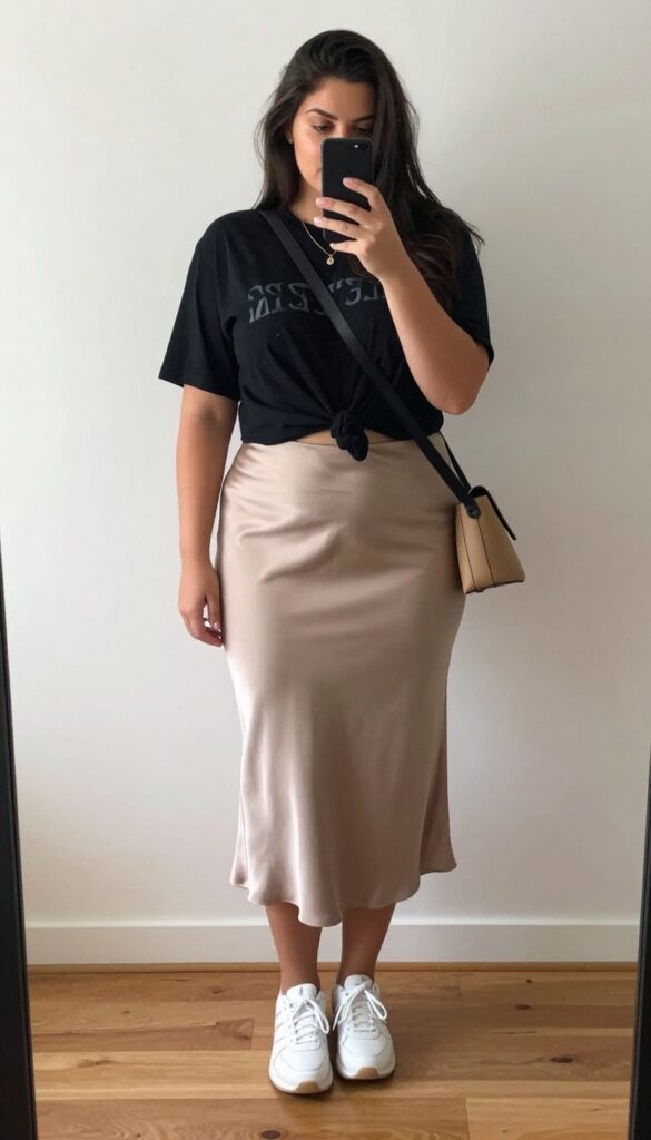 Plus-size woman in a satin slip skirt and graphic tee taking a mirror selfie, with sneakers and layered necklaces.