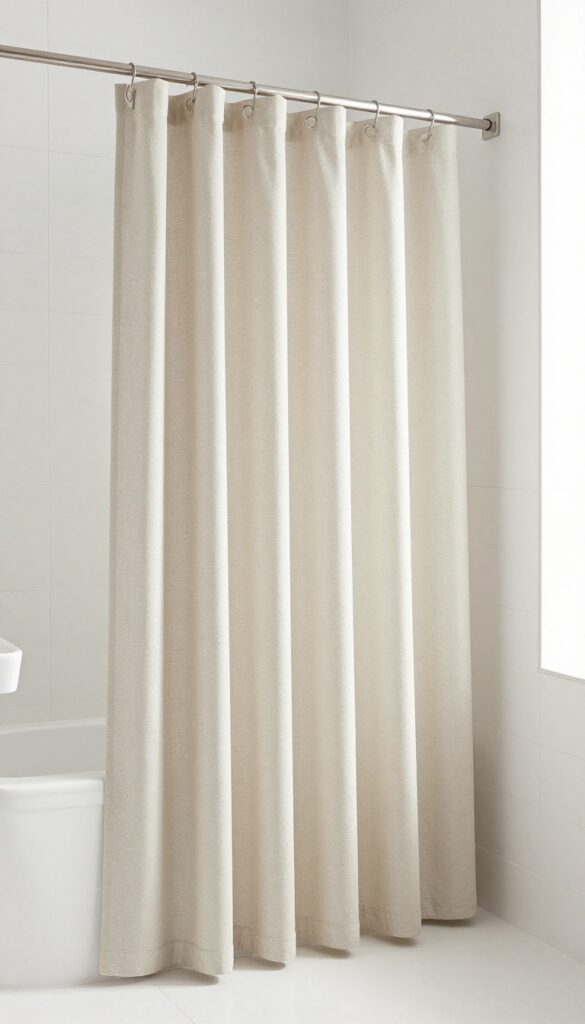 A small bathroom featuring a custom-length shower curtain that fits perfectly to the floor, showcasing a clean and stylish look without bulk in bright natural light.