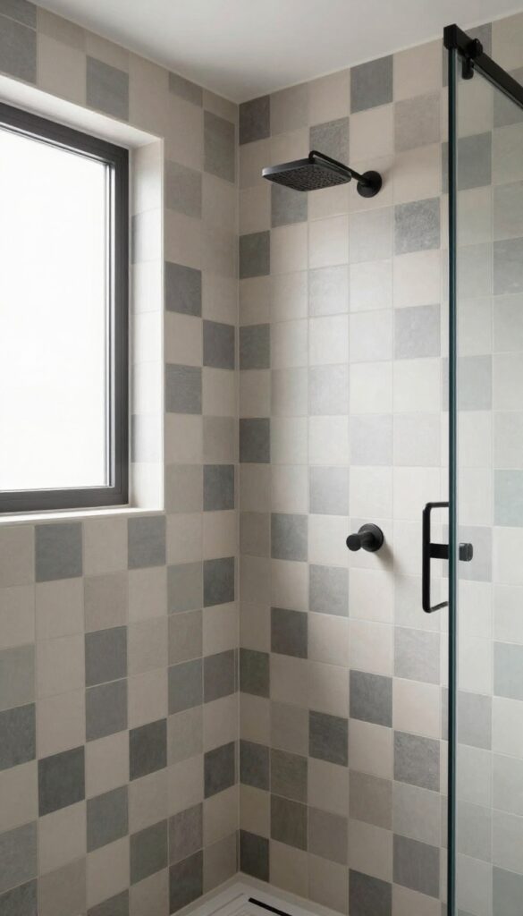A photorealistic image of a shower with a neutral-toned checkerboard tile pattern on the walls, featuring alternating light beige and dark gray tiles under bright natural light, with matte black fixtures and a glass door.