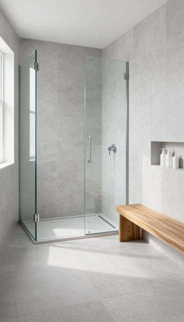 Curbless shower with linear drain and seamless tile floor