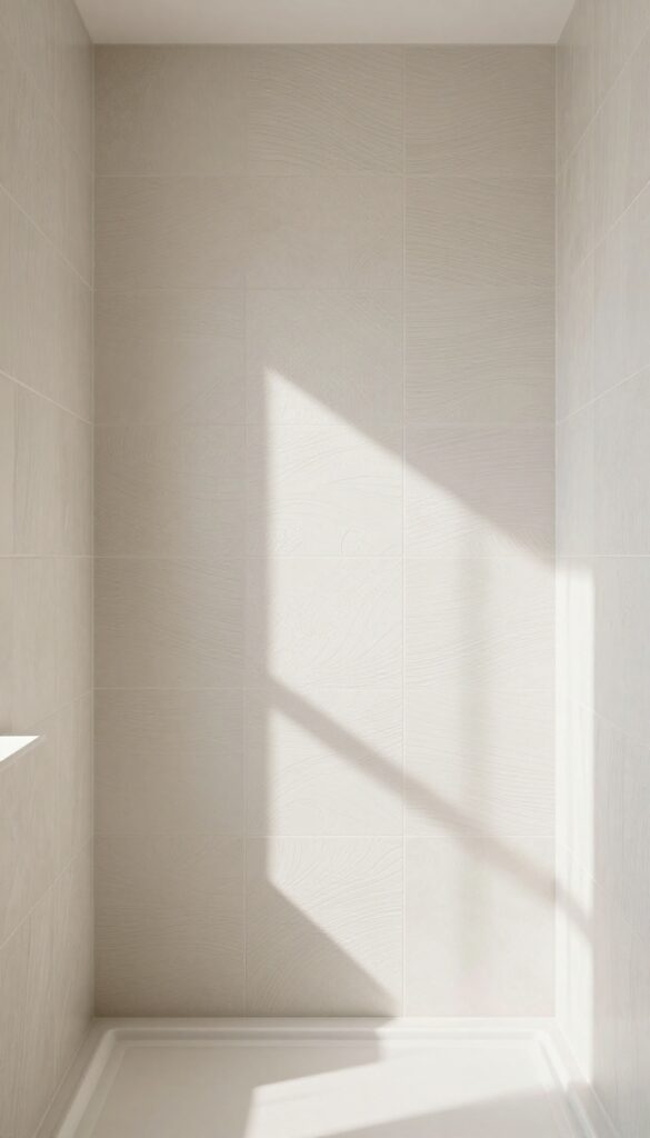 A small walk-in shower with textured tiles on the walls in a bright bathroom setting.