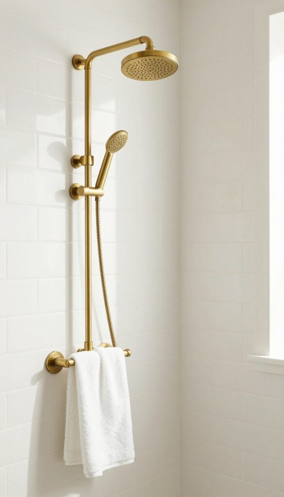 A small standing shower with warm brass fixtures in a tight corner, showcasing luxurious metallic accents against white subway tiles under bright natural light.