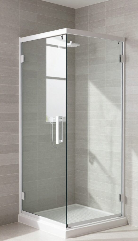 Vertical herringbone tile pattern in a modern shower with white fixtures and glass door
