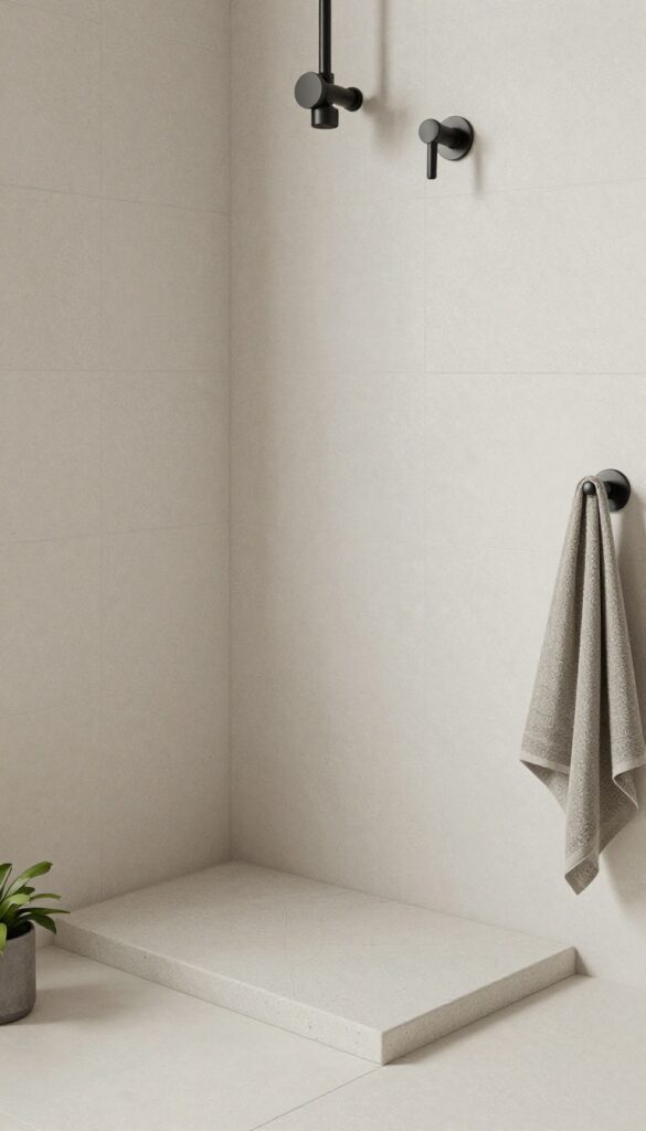 Patterned concrete shower threshold in a modern minimalist bathroom with matte black fixtures and neutral decor.